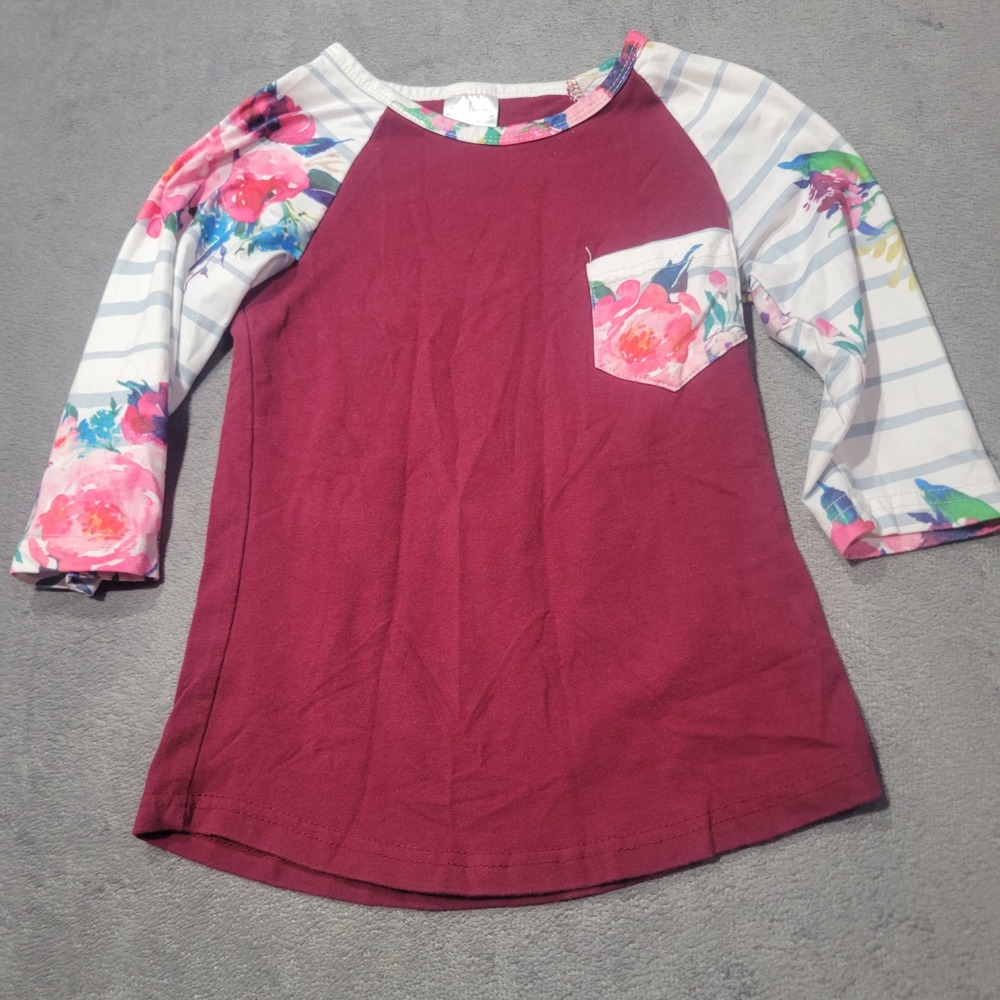 Unbranded Girls Raglan Tee‎ L Burgundy Floral Striped 3/4 Sleeve Pocket Top